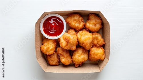 Deep fried fish nuggets in a take-away carton box and a tomato sauce, ketchup, on a white background, top view. Breaded fish pieces.
