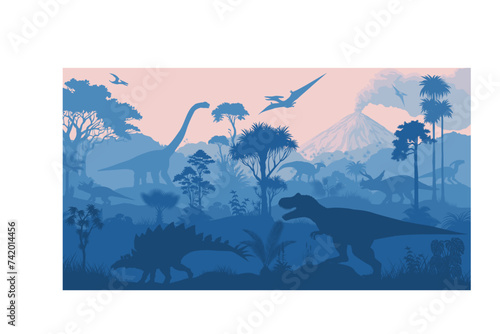 vector tropical forest with Stegosaurus, Tyrannosaurus, triceratops, Parasaurolophus,  Brachiosaurus and pterodactyl