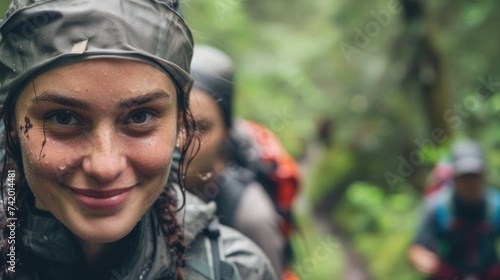 A happy woman wearing backpack and water on her face, smiling with cool water drops on her nose, eyebrows, eyelashes, and jaw, enjoying her travel adventure with stylish eyewear. AIG41 © Summit Art Creations