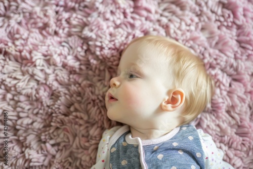 A precious little boy lies peacefully on a soft pink carpet, his cherubic face adorned with a gentle smile and rosy cheeks, dressed in cozy clothing as he rests in the comfort of his indoor surroundi photo