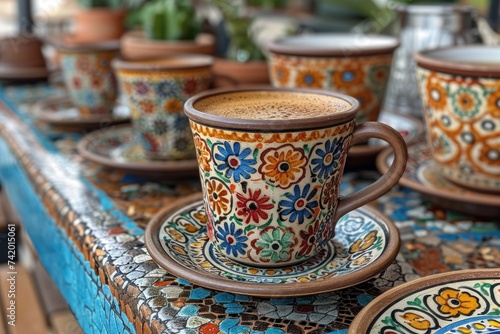 A close-up of a cup of Turkish coffee, with its foam on top, in a hand-painted ceramic cup with saucer, set on a mosaic tabletop.