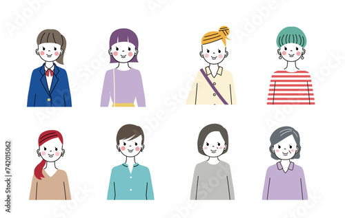 正面を向いているいろんな年代の女性　上半身のイラスト