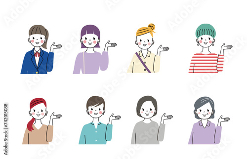 どうぞのポーズをしているいろんな年代の女性　上半身のイラスト