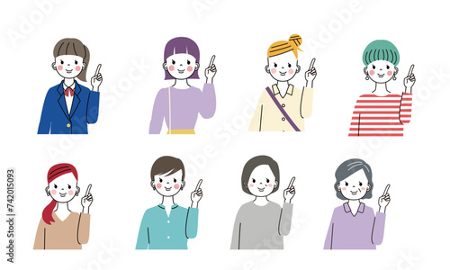 指差しポーズをしている様々な年齢層の女性の上半身イラスト