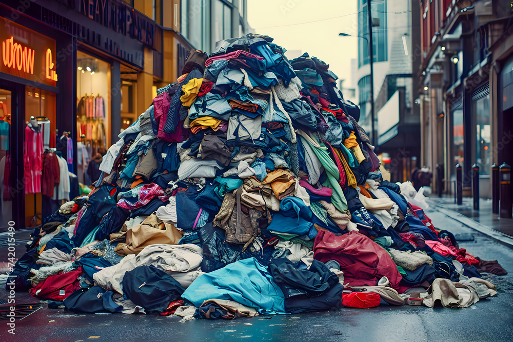 Naklejka premium A mountain of clothes spills out into the street from stores. Overconsumption problem concept
