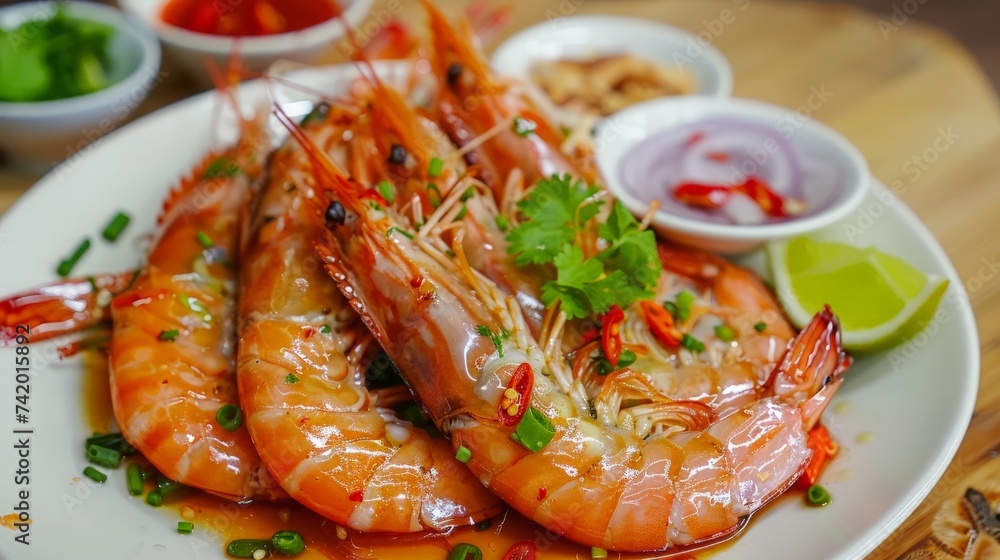 Grilled Prawns (Shrimp) on white plate with spicy Thai dipping seafood sauce. Grilled Prawns (Shrimp) on white plate with spicy Thai dipping seafood sauce.