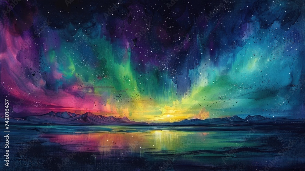 Vibrant Watercolor Aurora: Greens and Purples Dancing Over a Dark Night Sky Background