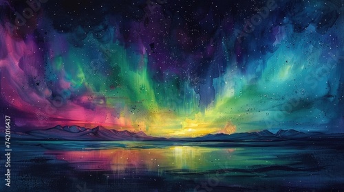 Vibrant Watercolor Aurora  Greens and Purples Dancing Over a Dark Night Sky Background