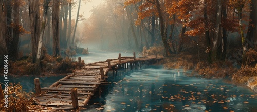 A painting depicting a wooden bridge spanning across a river in a forest during autumn. The scene captures the rustic beauty of the bridge against the backdrop of colorful fall foliage.
