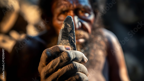 Obraz na plátně Inspecting the Edge - Homo Habilis and Stone Tool - Homo Habilis - Prehistory -