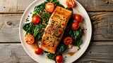 Salmon fillet with spinach and tomatoes on white plate on rustic wooden background. Overhead, top view