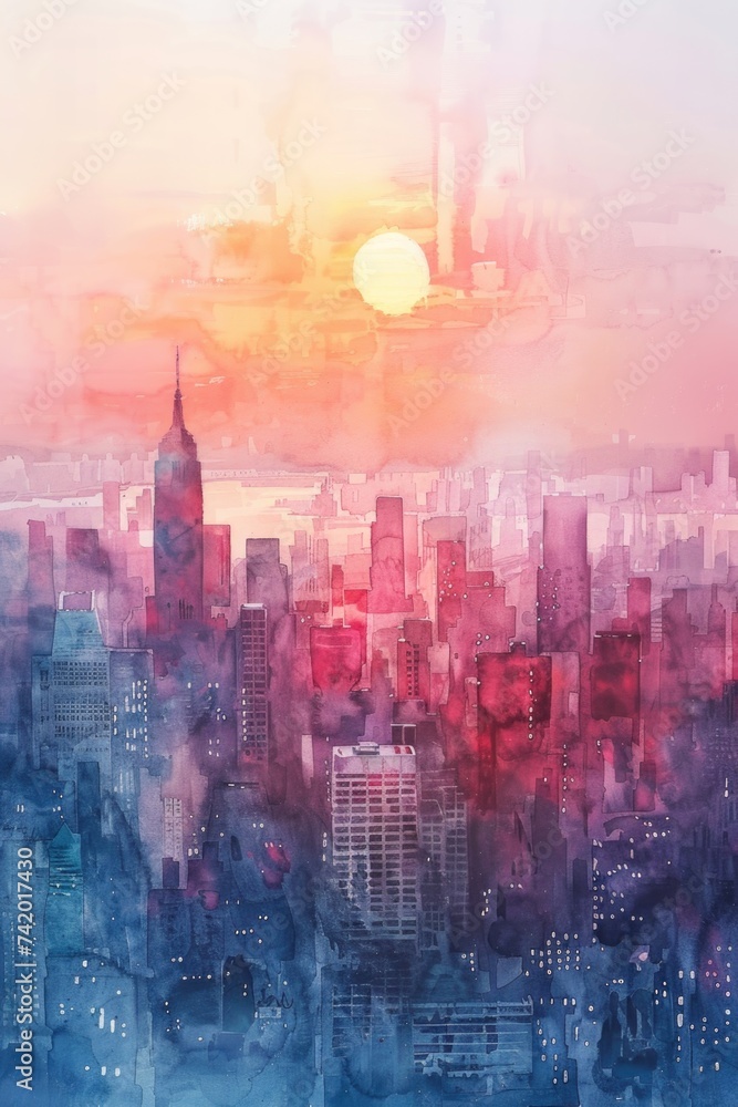 Artistic City at Dawn: Soft Watercolor Washes Depicting an Urban Skyline