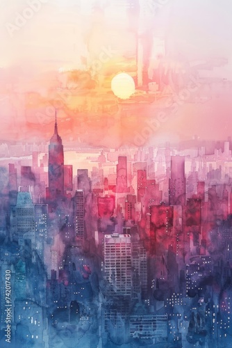 Artistic City at Dawn: Soft Watercolor Washes Depicting an Urban Skyline
