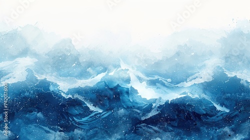 Dynamic Sea Beauty  Abstract Watercolor Ocean Waves in Shades of Blue and White