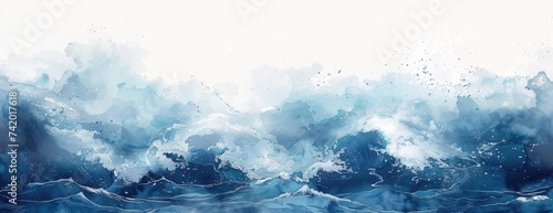 Ocean's Majesty in Watercolor: Dynamic Waves in Blue and White Abstract Art for Desktop photo