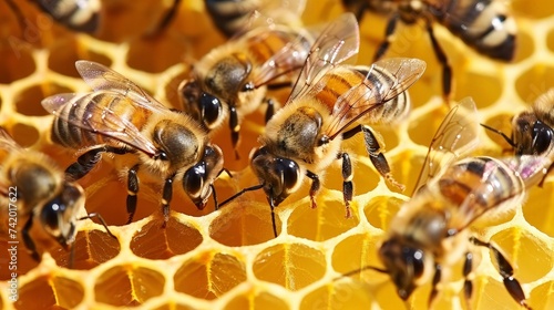 the queen (apis mellifera) marked with dot and bee workers around her - life of bee colony