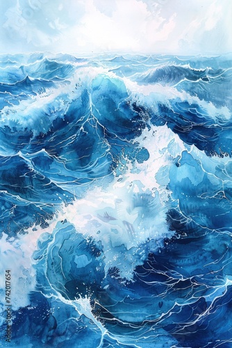 Crashing Waves Abstract: Varying Shades of Blue and White Capturing the Ocean's Dynamic Essence