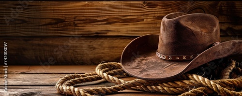 Cowboy hat beside lasso at wooden vintage table