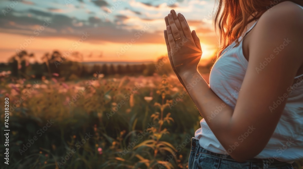 Woman hands praying for blessing from god on sunset background Woman hands praying for blessing from god on sunset background