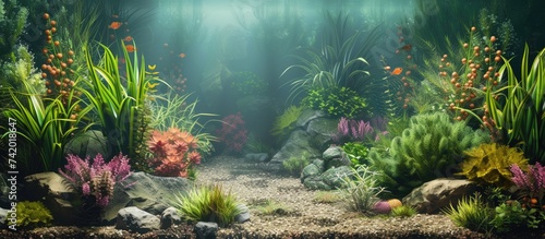 The aquarium is teeming with a variety of plants and rocks, creating a vibrant and dynamic underwater ecosystem. The plants sway gently in the water, providing shelter and oxygen for the aquatic