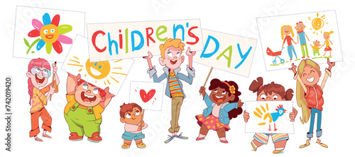 Kids hold up their drawings and a sign that reads International Children Day. Children pencil doodles. Colorful cartoon character. Funny vector illustration. Isolated white background