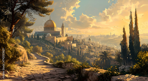 sunrise in the mountains,Fantasy Worlds : Imaginative and well-executed illustrations of fantastical, Beautiful mosques and minarets,mosque on the mountain photo