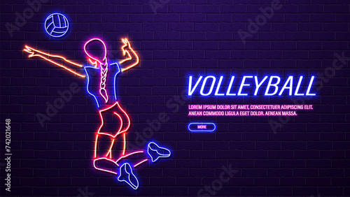 Neon silhouette of a volleyball player girl with a ball on a brick wall background. A concept for sports betting.