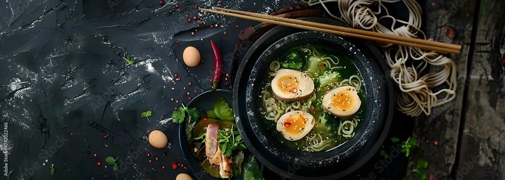 Savory Ramen Bowl with Chicken, Noodles, and Chopsticks in a Black Pan