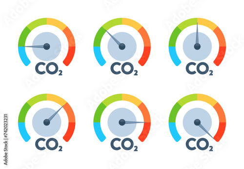 Set of  gauges with CO2 indicators in flat vector illustration style. They symbolize the concepts of carbon footprint measurement and climate change awareness
