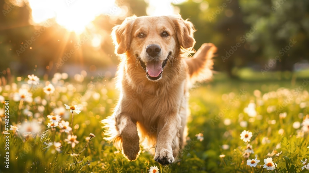 Golden retriever dog is running with the owner, a happy, smile woman happily in the morning sunrise. Golden retriever dog is running with the owner, a happy, smile woman happily in the morning sunrise.
