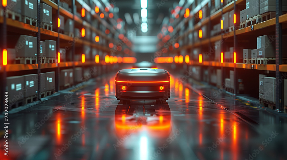 Autonomous robot delivery in warehouses with 5g wireless connection, Smart Industry 4.0, Automated Retail Warehouse AGV Robots,  - obrazy, fototapety, plakaty 