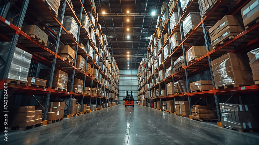 full packed Large modern warehouse with forklifts Huge distribution warehouse with high shelves and loaders many boxes full packed Large modern warehouse with forklifts Huge distribution warehouse with high shelves and loaders many boxes