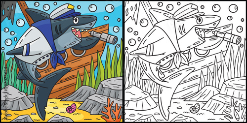 Shark in Marine Outfit Coloring Page Illustration