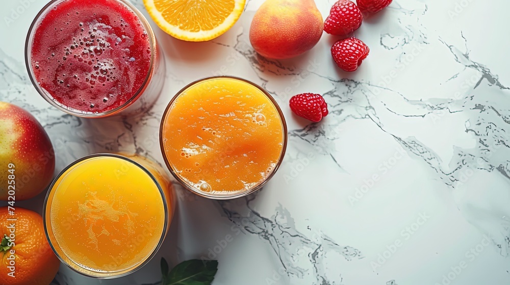 Close up on glasses filled with healthy freshly juiced fruits Close up on glasses filled with healthy freshly juiced fruits