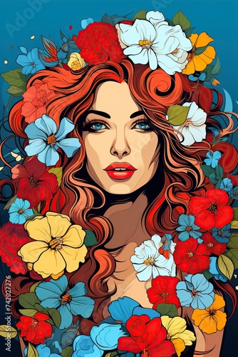 a beautiful pop art illustration, a beautiful woman with flower decorations