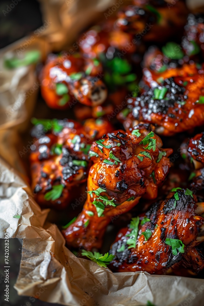 basket chicken wings sauce garnish smoldering charred timber thighs skin gossamer bite full screen jet back grill tasty