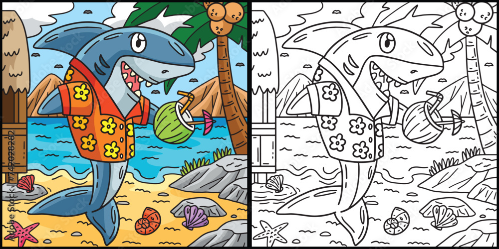Shark with Tropical Drink Coloring Illustration