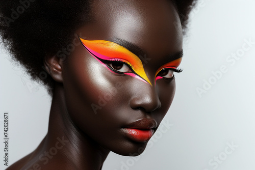 Portrait of a beautiful black woman with artistic eye makeup on photo