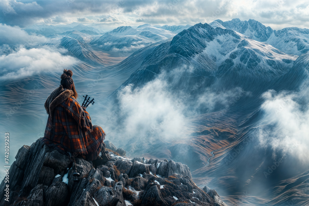 Lone bagpiper in a cloak stands on a mountain peak, overlooking a sweeping valley at dusk - obrazy, fototapety, plakaty 