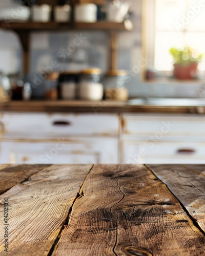 Wooden texture table top, blurry kitchen background