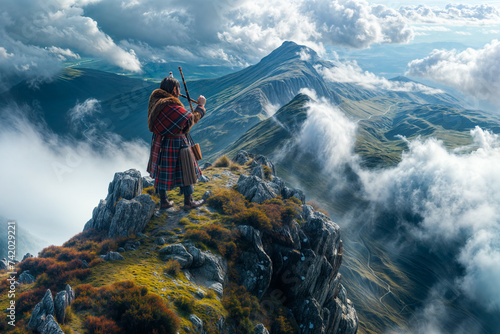 Bagpiper in traditional tartan plays atop a mountain, with sweeping valleys and dramatic skies behind photo