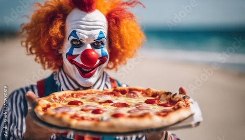 Happy clown offering pizza on the beach