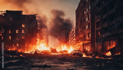 Apocalyptic urban inferno at twilight