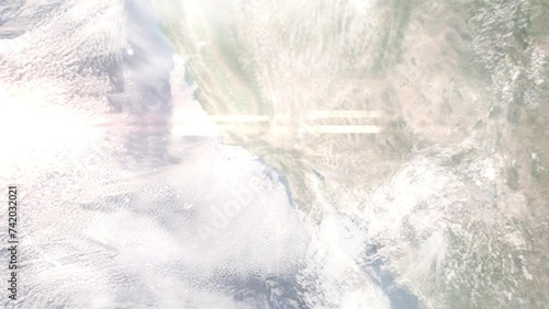 Earth zoom in from space and focus on Duarte, California, USA. 3D Animation. Satellite view. Background for travel intro. Images from NASA photo
