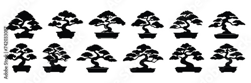 Bonsai tree silhouettes set, large pack of vector silhouette design, isolated white background