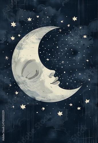 drawing crescent face illustration dreamy night grey background sleep slight smile open eyes stars early holding intimately dun silver blue color photo