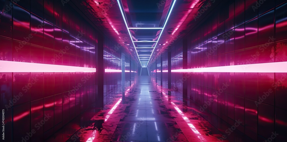 Fototapeta premium Embark on a cybernetic journey within a space corridor, bathed in the glow of luminescent neon lights. A futuristic odyssey into the digital landscape.