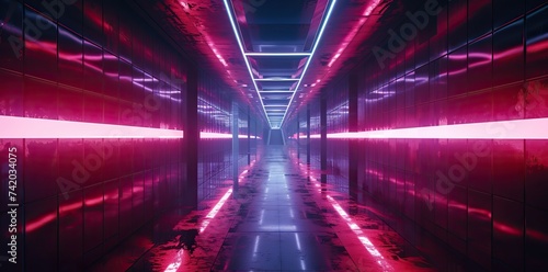 Embark on a cybernetic journey within a space corridor, bathed in the glow of luminescent neon lights. A futuristic odyssey into the digital landscape.