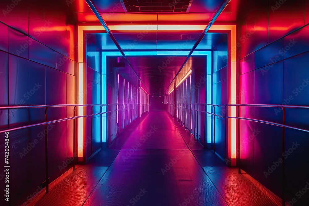 Vivid intergalactic neon odyssey in a futuristic sci-fi corridor.