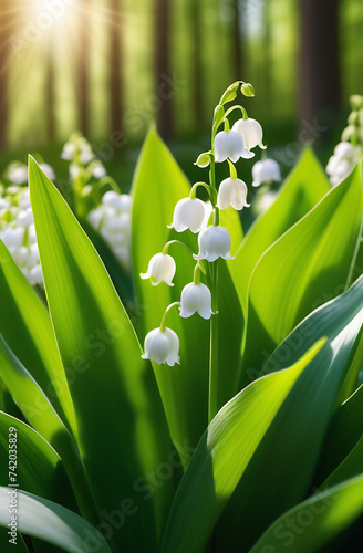 The sun's rays fall on a beautiful spring blooming flower. Lily. The natural background of nature with beautiful blooming lily of the valley flowers. Vertical photography. Made by artificial intellige photo